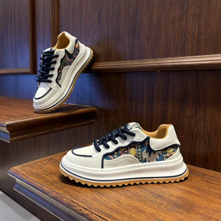 男鞋2025春季新款时尚花布拼色厚底潮鞋增高百搭小众轻便休闲男鞋