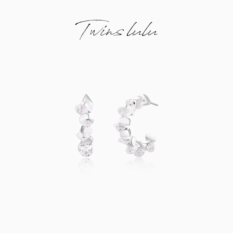 TWINS LULU 秋上新 【晶棱环】 ins小配饰几何银色耳环TSL3175