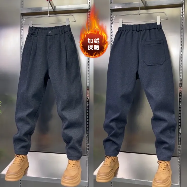  冬季男士裤子新款加绒加厚保暖毛呢提花高档百搭休闲裤