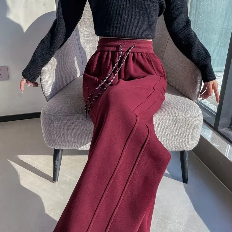 安可拉红窄版阔腿裤女2025新款秋冬加绒小个子运动梧桐裤高腰休闲