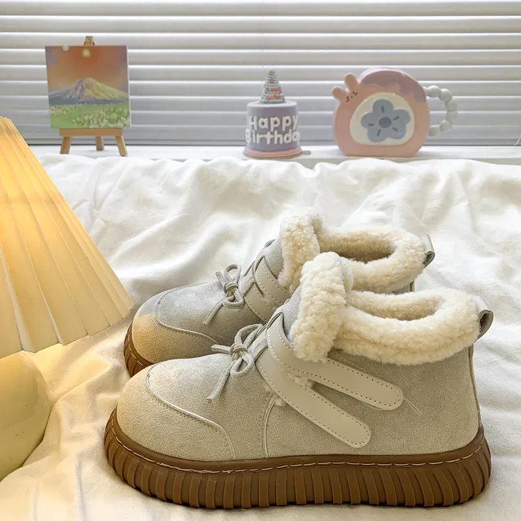 啄木鸟厚底蝴蝶结雪地靴女2025新款秋冬加绒加厚棉靴保暖勃肯棉鞋