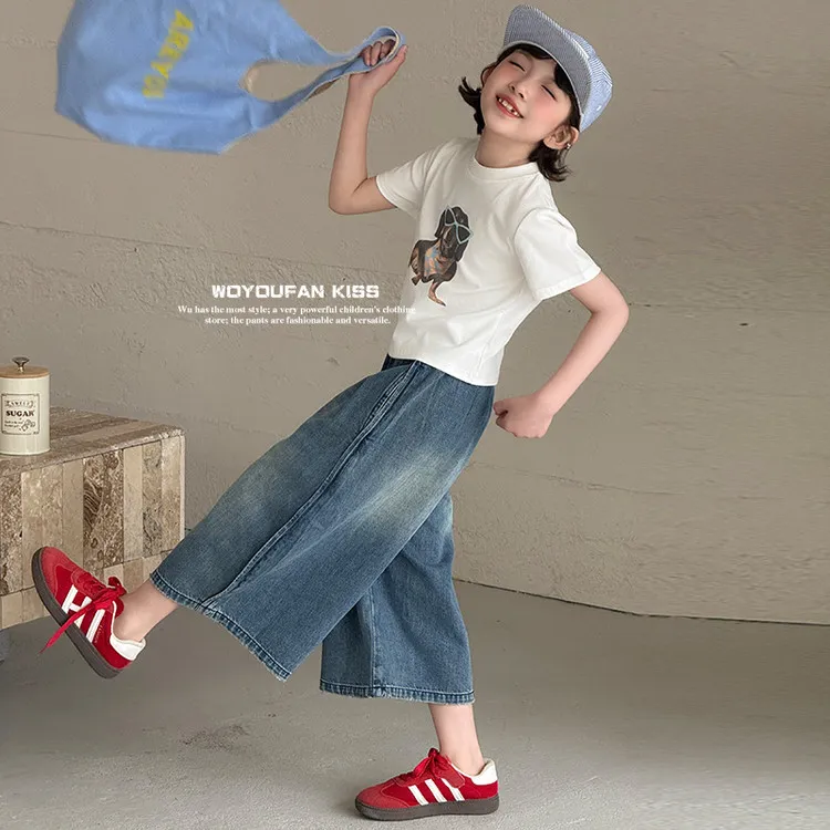 女童裤子夏季薄款牛仔裤儿童2025新款阔腿裤初中生夏季休闲七分裤