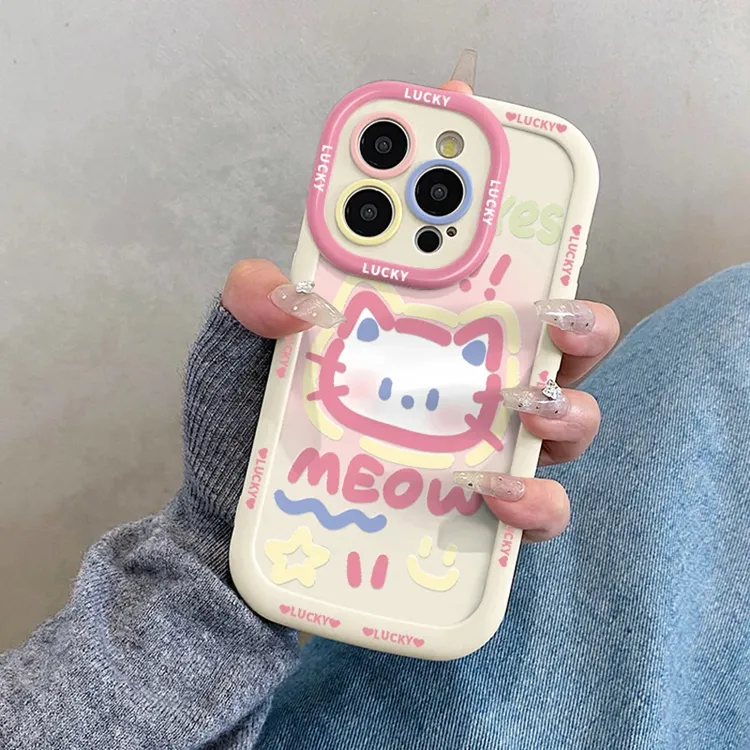 涂鸦卡通猫咪适用苹果16/15pro华为P70手机壳全包小米vivo/OPPO软