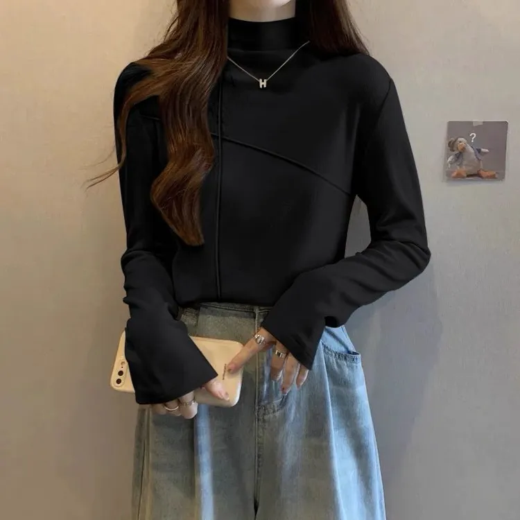 德绒半高领打底衫女秋冬加绒保暖内搭加厚纯棉长袖T恤双面绒上衣