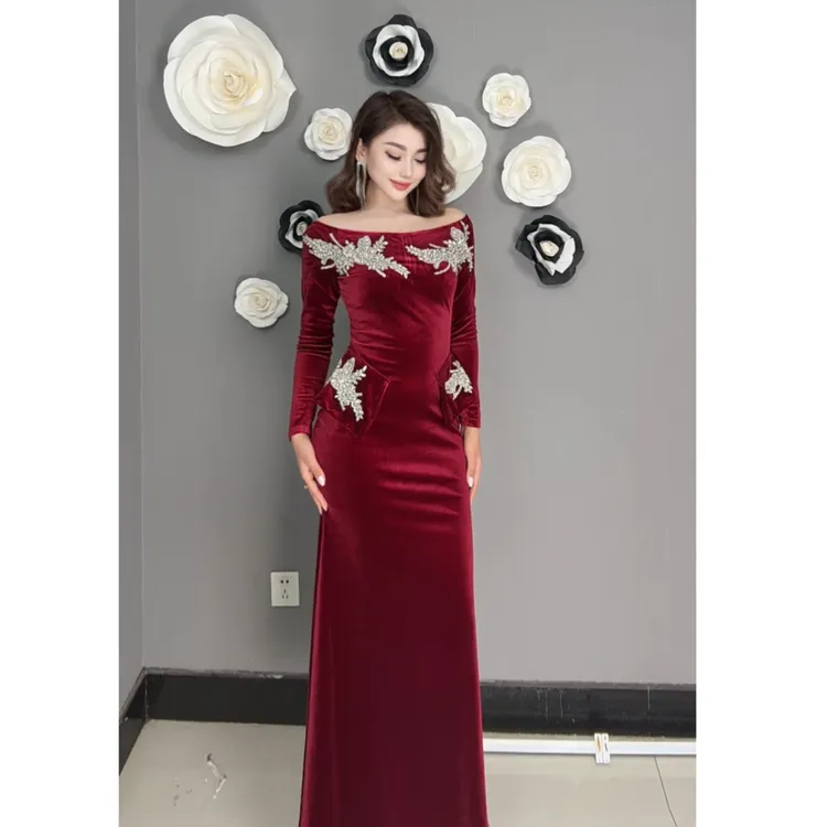 5896【古丽店铺包邮】重工钻丝绒时尚气质女装连衣裙
