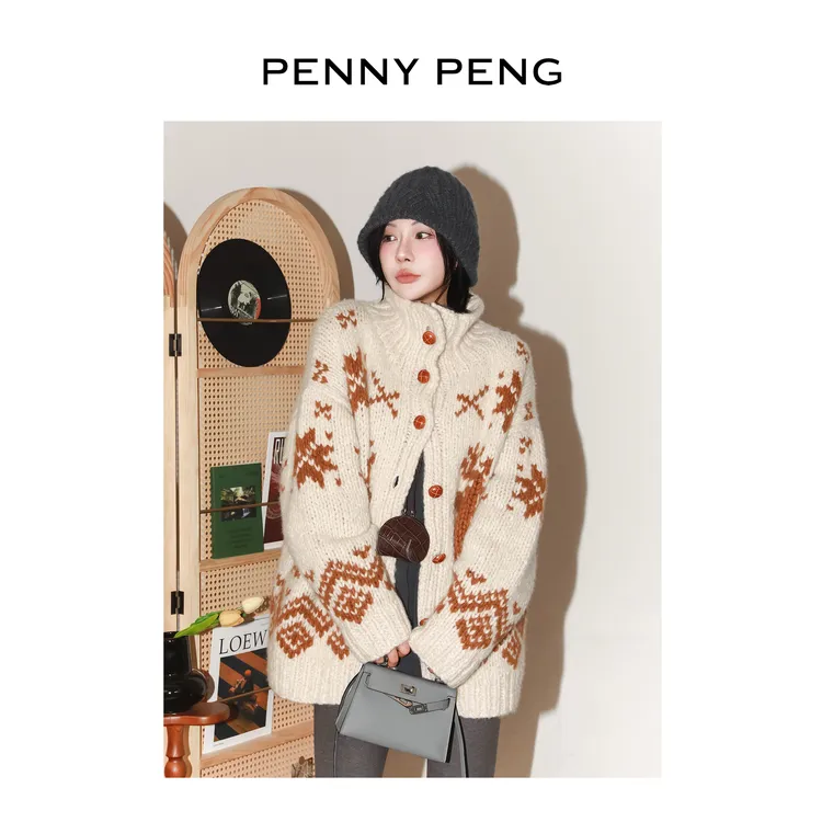PENNYPENG 迷路麋鹿 重工手织氛围感雪花麋鹿羊绒开衫毛衣大外套