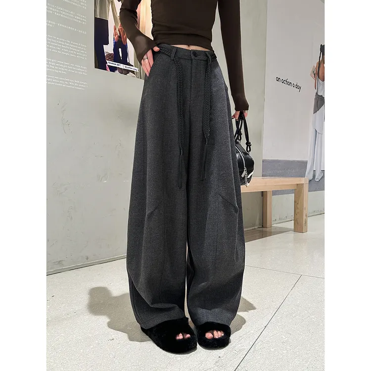 动感少女毛呢弯刀休闲裤女秋冬加绒高腰宽松阔腿裤拖地呢子长裤子