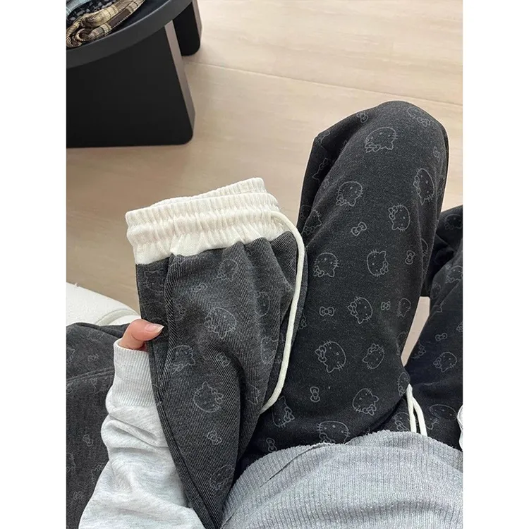 300斤大码冰丝可爱印花阔腿裤女夏季薄款高腰宽松显瘦凉凉休闲裤