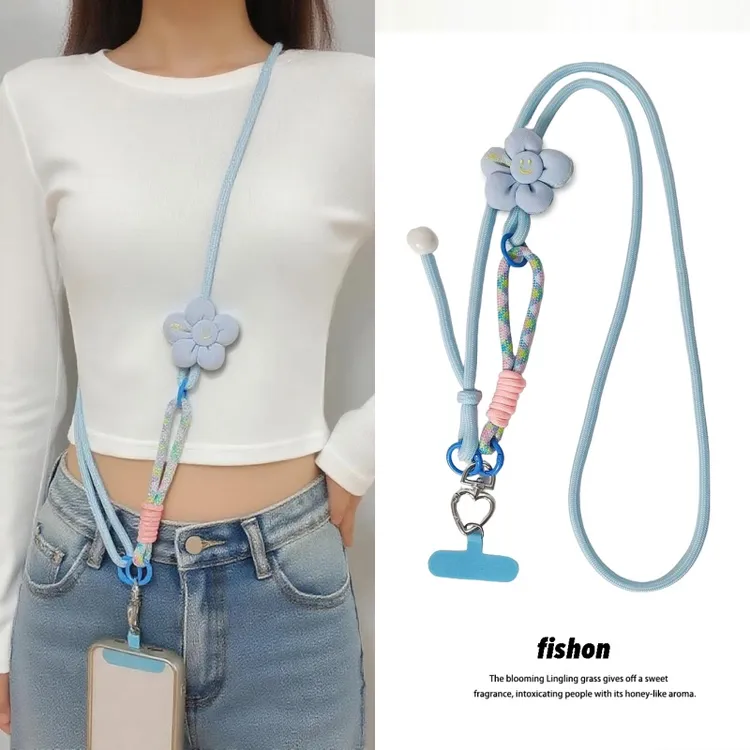 ins个性花朵手机挂绳长款斜挎可背拆卸挂脖指环携带女户外相机链