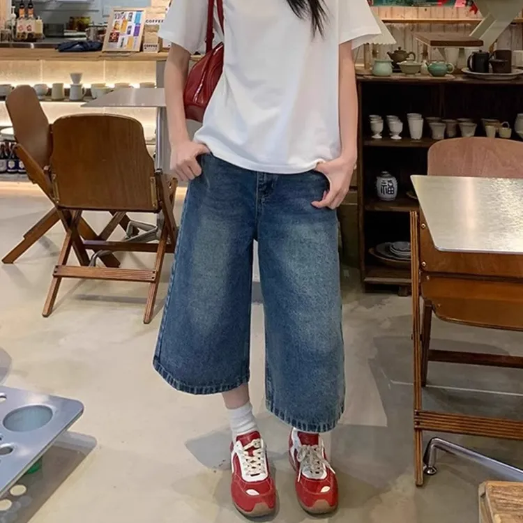 美式复古牛仔裤女夏季新款大码女装胖mm高腰显瘦宽松阔腿七分裤