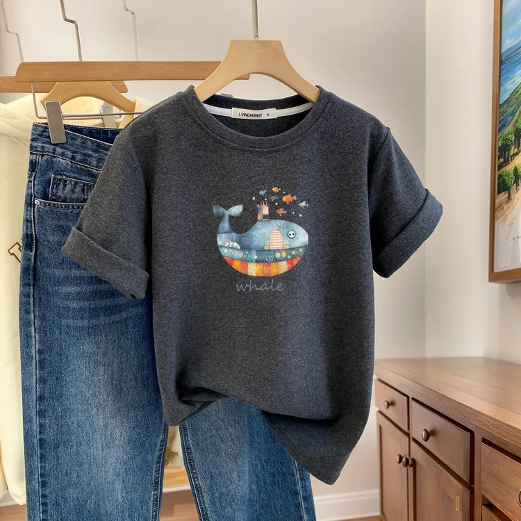 原创鲸鱼城市印花磨毛短袖女2025秋季新款韩版百搭显瘦加厚上衣潮