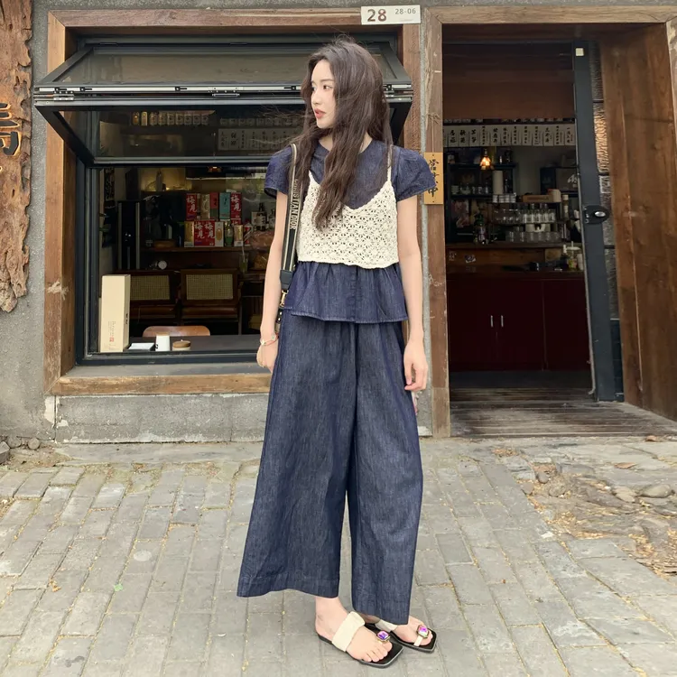 盐系休闲牛仔镂空吊带三件套女2025夏季新款通勤风宽松藏肉显瘦