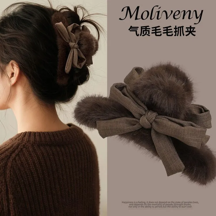 秋冬时尚毛毛蝴蝶结流行抓夹夹子头饰女大号鲨鱼夹毛绒网红发夹抓