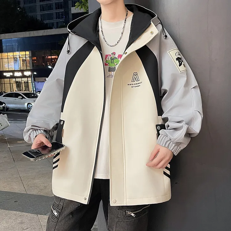 男生美式休闲拼色外套春秋新款长袖开衫宽松潮流百搭秋季连帽夹克