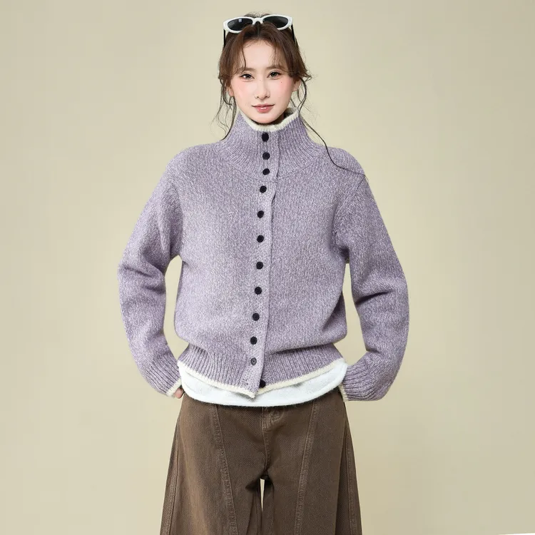 紫色立领加厚毛衣外套女2025秋冬慵懒风长袖上衣宽松翻领针织开衫