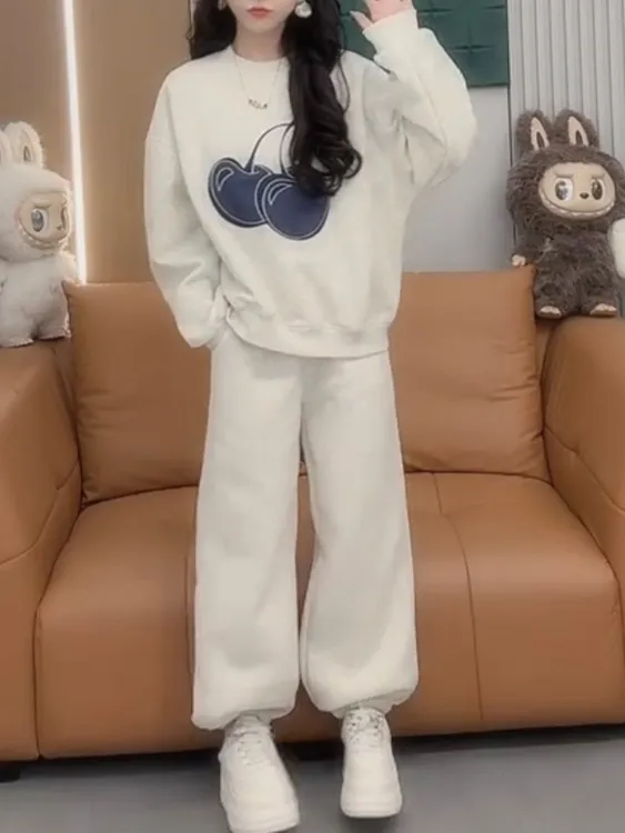 秋季新款时尚樱花卫衣卫裤套装长袖圆领卫衣束脚卫裤显瘦两件套