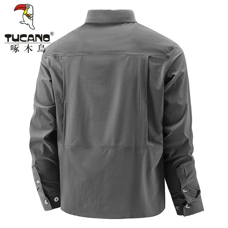 啄木鸟跨境新款长袖衬衫男士春秋休闲男装高弹舒适大码纯色工装