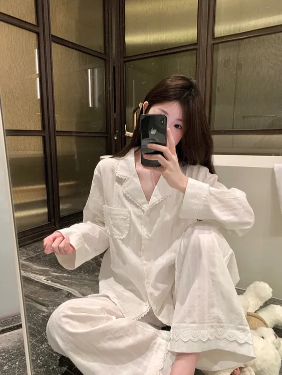 【白月光】少女纯白茉莉花边棉纱睡衣女春秋新款长袖开衫外穿家居服