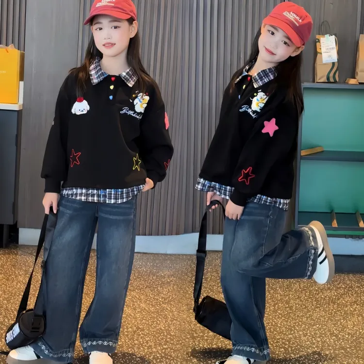 女童卫衣套装春秋款2025新款儿童假两件上衣儿童秋季阔腿裤两件套