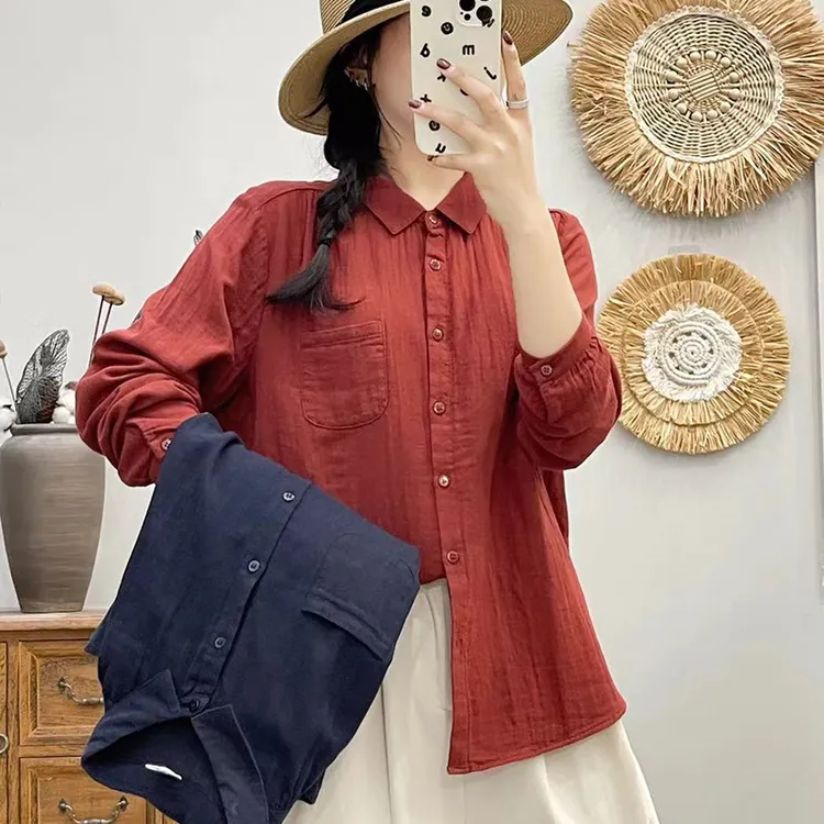 双层棉纱春秋新款2025百搭衬衫时尚女气质开衫优雅减龄上衣女8572