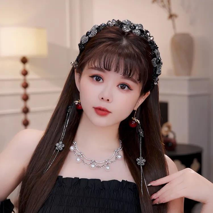 西域女神发箍可拆卸流苏花朵亮片高韧性发饰显高颅顶休闲风压发箍