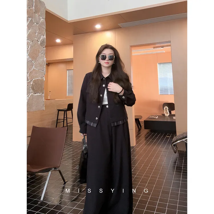 应小姐【杂志社】微胖大码初秋韩版显瘦宽松气质毛呢上衣+长裤套装