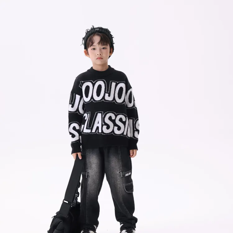 JOOJOO童装提花圆领毛衣儿童男童时尚黑色大童14411377
