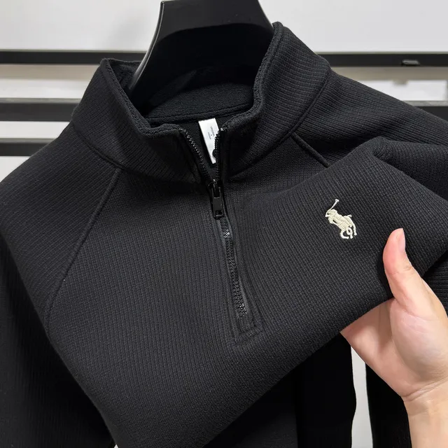 高端刺绣加绒加厚半拉链卫衣男2025冬季新款保暖双面绒立领打底衫