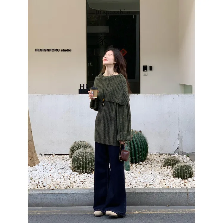 慵懒风软糯针织衫高腰牛仔裤套装女春秋新款翻领毛衣阔腿裤两件套