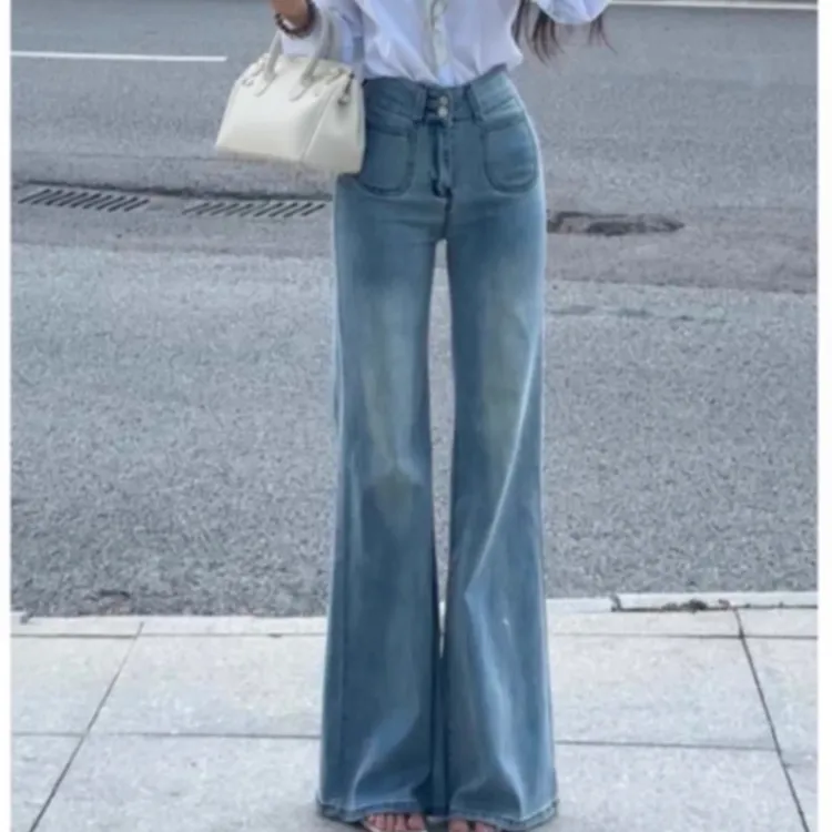 浅色高腰牛仔裤女2025新款大码显瘦阔腿弹力喇叭马蹄裤子秋季新款