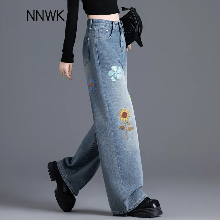 绣花高腰牛仔裤女款爆款2025新款阔腿裤春秋季休闲裤子复古直筒裤