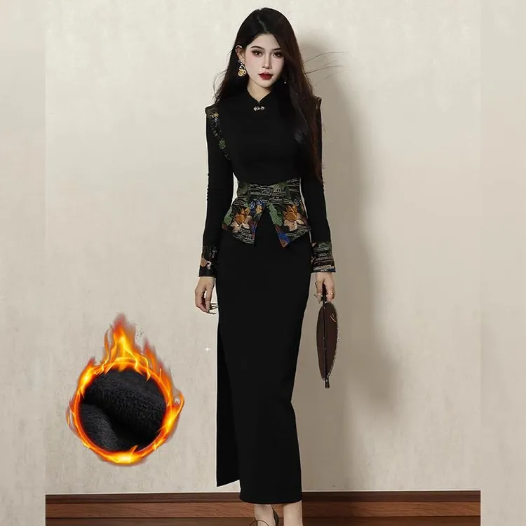 加绒加厚中式国风改良连衣裙新款冬季设计高端裙子