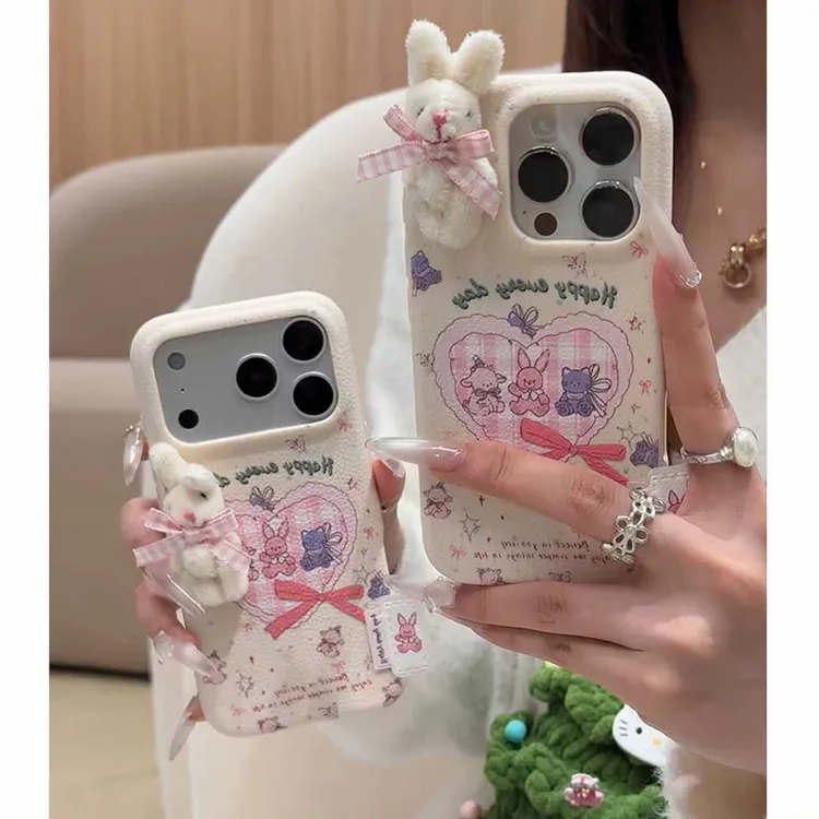 ins爱心蝴蝶结小兔公仔适用苹果17手机壳华为oppo小米15vivo皮纹