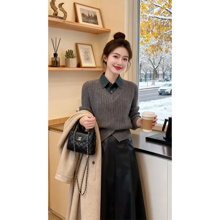 咖色复古假两件拼接针织衫毛衣女秋冬2025新款巨好看的上衣不撞款
