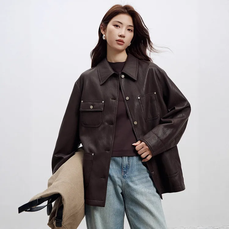 欧美廓形翻领工装皮衣外套女2025秋季新款时尚哑光机车皮夹克开衫