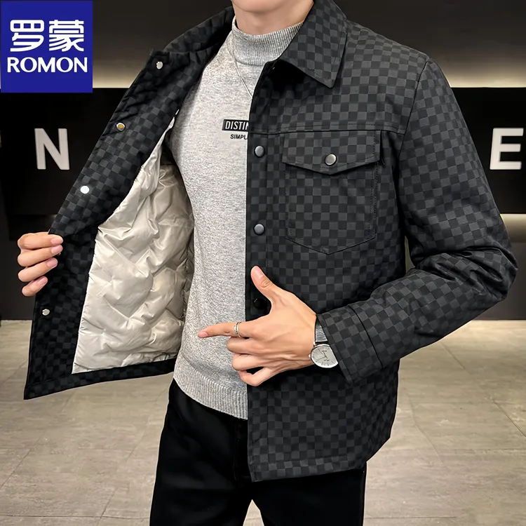 Romon/罗蒙冬季新款棋盘格轻薄羽绒服商务休闲时尚保暖防寒外套男
