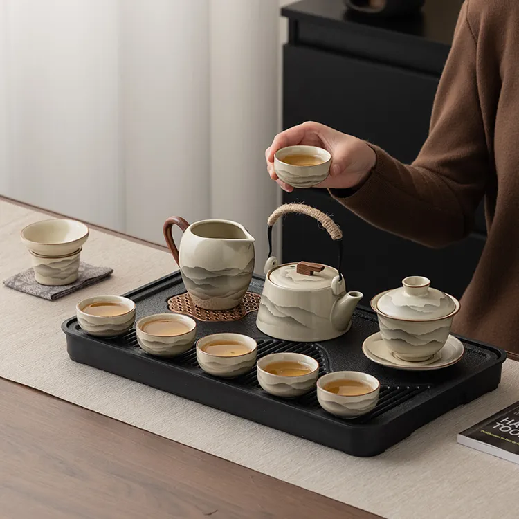 新款汝窑功夫茶具套装家用陶瓷茶壶盖碗茶杯茶盘轻奢高档喝茶中式