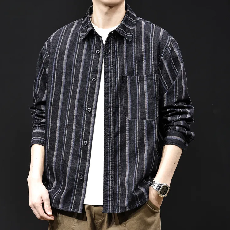 2025新款春秋休闲长袖高端衬衣日系黑色条纹衬衫男士外套春季男款