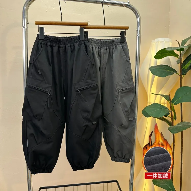 纯棉加厚奥粒一体绒2025冬款男童潮酷长裤宽松拉链口袋帅气工装裤