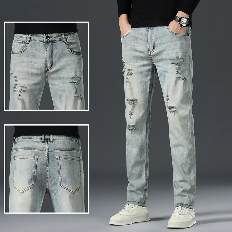高端浅蓝色破洞牛仔裤男士2025秋冬新款弹力百搭小直筒外穿长裤子