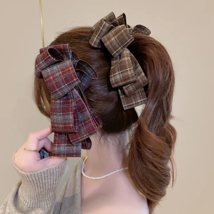 韩国复古学院风经典格纹香蕉夹显发量新款气质竖夹高马尾后脑勺夹