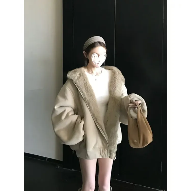 H1237【绒光暖意】chic秋冬韩系百搭宽松连帽加绒两面穿外套上衣女