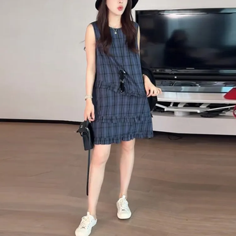 不规则拼接花边撞色格子无袖连衣裙女2025新款夏季宽松背心中长裙