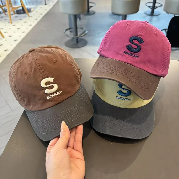 2025新款韩系复古拼色儿童棒球帽春秋软顶刺绣字母S男女童鸭舌帽