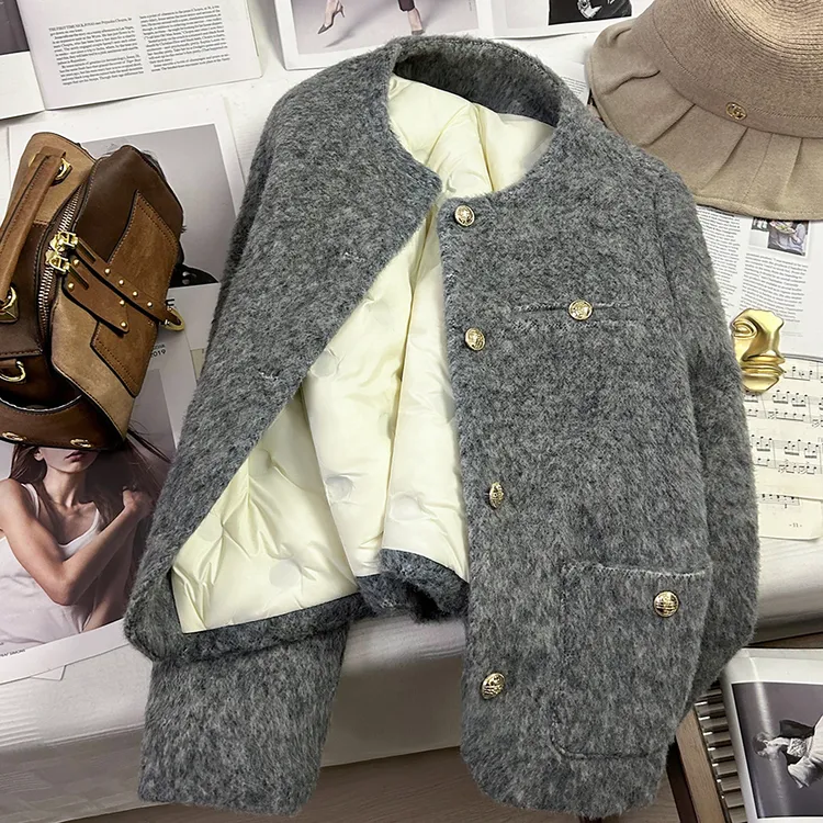 灰色羽绒内胆小香风短外套女士2024冬装新款高端名媛羊毛呢子上衣