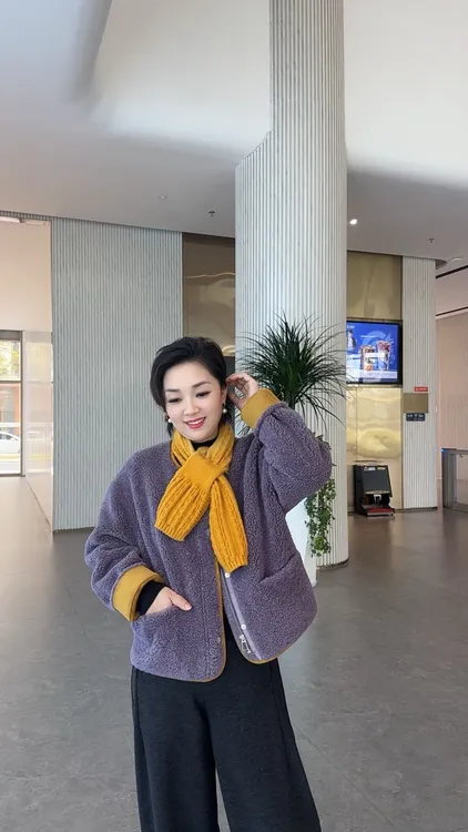 【卿她】新款拼色羊羔毛一体外套短外套外套简约宽松百搭