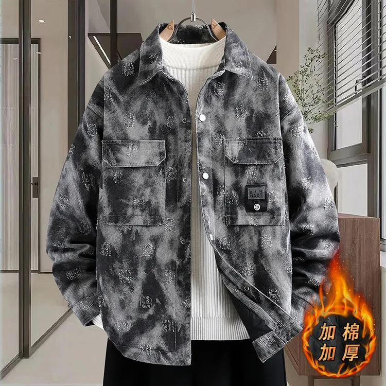 秋冬季新款加棉加厚牛仔夹克男士外套潮牌时尚休闲百搭保暖外衣