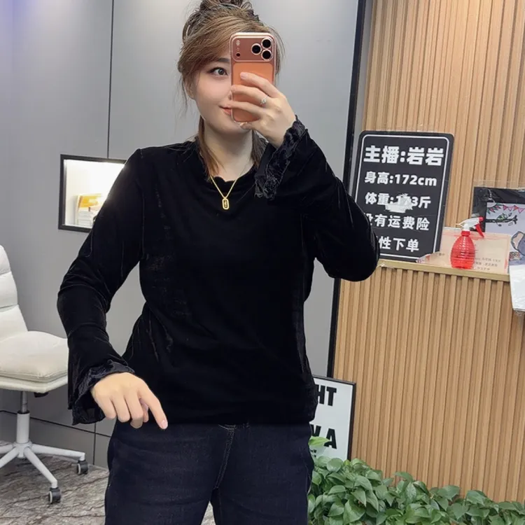 岩岩家荷叶袖显瘦丝绒女上衣2269