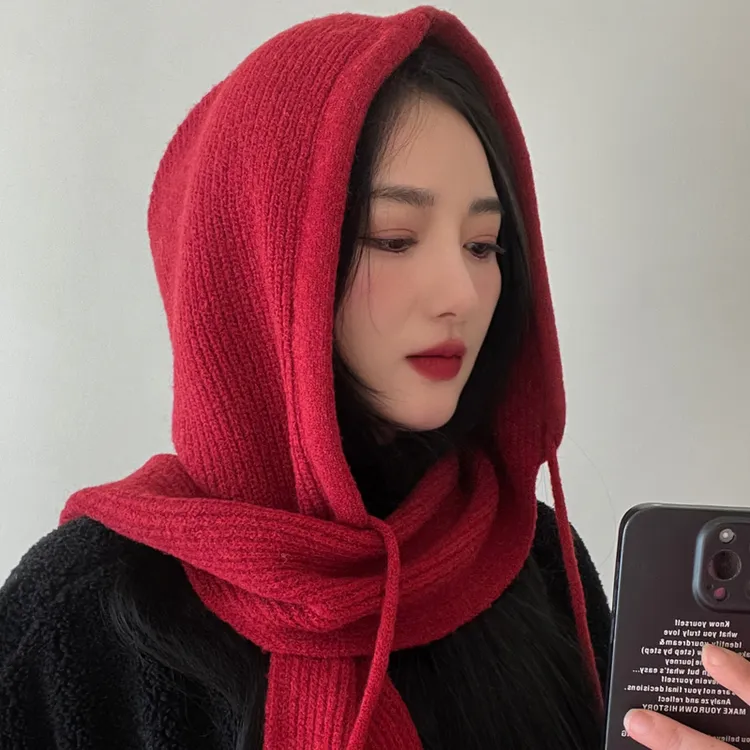 秋冬韩版帽子围巾一体女保暖显脸小毛线针织百搭护颈围脖披肩外搭