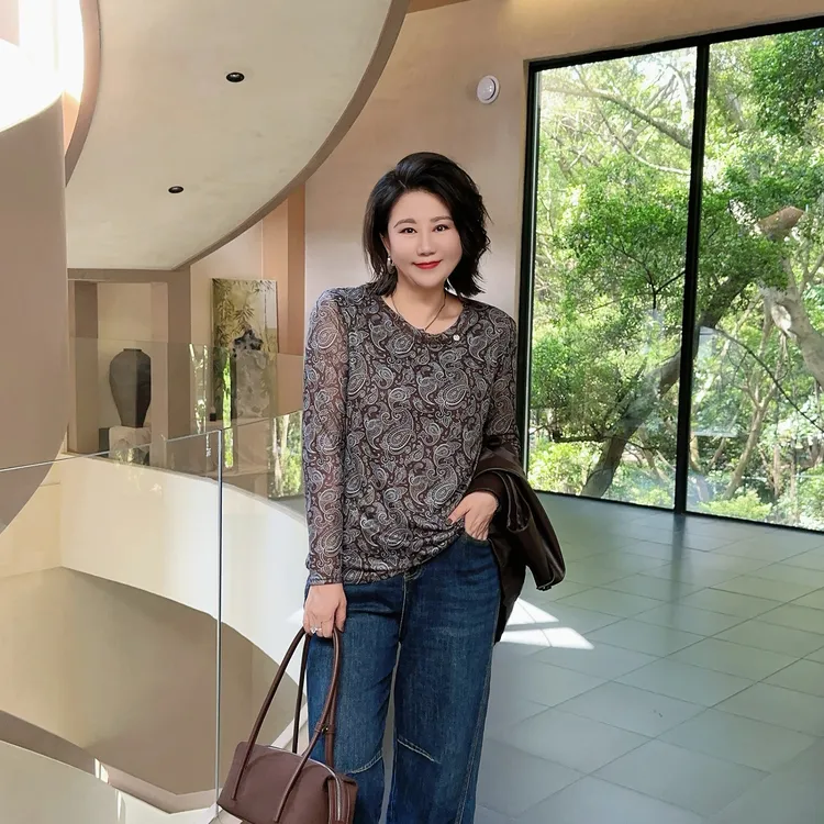 微胖女装【中古山茶】腰果花双层网纱T恤长袖打底上衣老钱风1085
